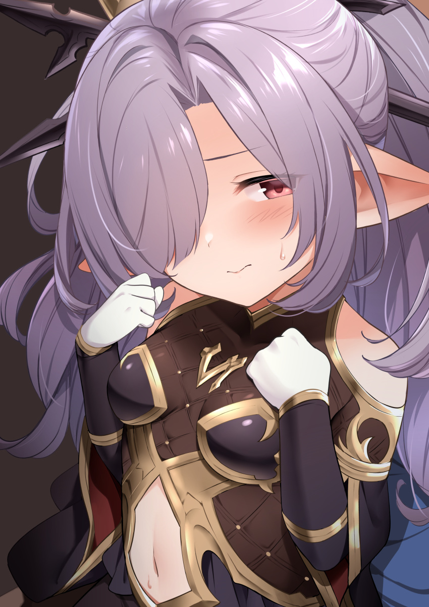 1girl, absurdres, armor, blush, breasts, clothing_cutout, gloves, granblue_fantasy, hair_ornament, hair_over_one_eye, harvin, highres, iwao_(pixiv258710), long_hair, navel, navel_cutout, niyon_(granblue_fantasy), pointy_ears, ponytail, purple_hair, red_eyes, simple_background, small_breasts, solo, sweat, upper_body, white_gloves