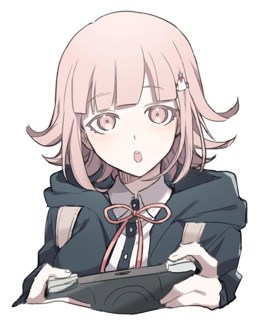 1girl, :o, a_tama_(pakpak_tkg), bangs, black_jacket, brown_hair, commentary_request, cropped_torso