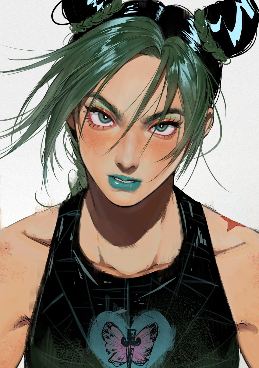 1girl, absurdres, aqua_lips, bangs, birthmark, black_hair, black_shirt, braid