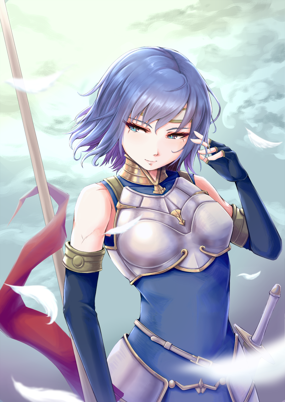 1girl, armor, black_gloves, blue_dress, blue_eyes, blue_hair, breastplate, catria_(fire_emblem)