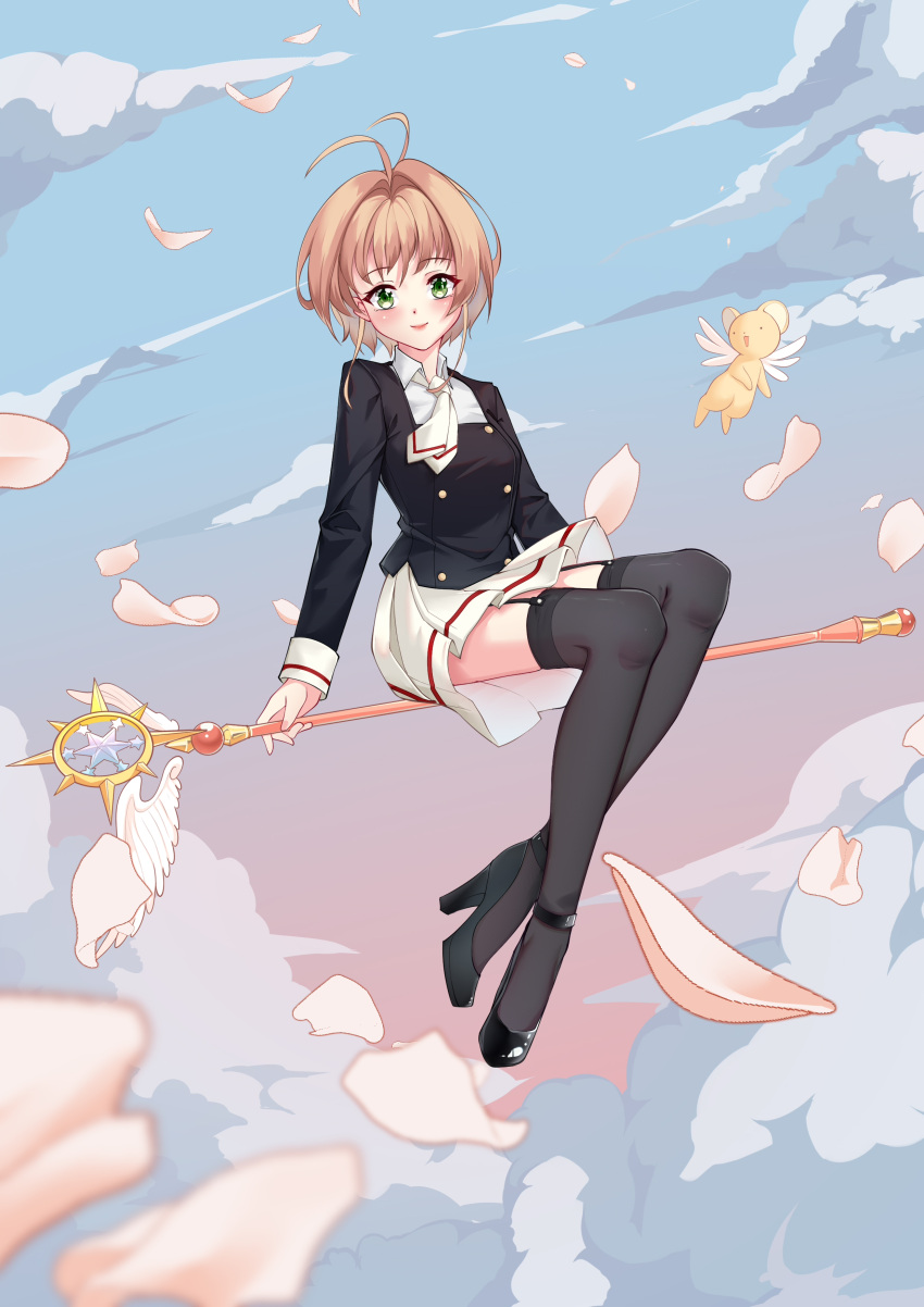 1girl, absurdres, antenna_hair, bangs, black_footwear, black_jacket, black_legwear, blonde_hair, cardcaptor_sakura, closed_mouth, clouds, collared_shirt, eyebrows_visible_through_hair, full_body, garter_straps, green_eyes, hair_intakes, highres, jacket, kero, kinomoto_sakura, kyudo_(hysnxas), long_sleeves, looking_at_viewer, miniskirt, necktie, pleated_skirt, shirt, short_hair, short_necktie, sidelocks, sitting, skirt, smile, solo, staff, thigh-highs, white_necktie, white_shirt, white_skirt, wing_collar, zettai_ryouiki