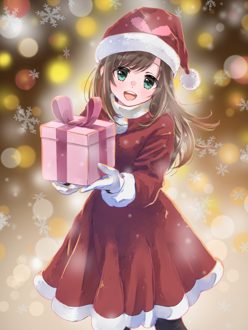 1girl, :d, a.i._channel, bangs, black_legwear, blurry, blurry_background, blush, box, brown_hair, christmas, dress, floating_hair, fur-trimmed_dress, fur-trimmed_headwear, fur_trim, gift, gift_box, gloves, green_eyes, hat, highres, holding, holding_box, kizuna_ai, kizuna_ai_inc., lens_flare, long_hair, looking_at_viewer, medium_dress, red_dress, red_headwear, rin.rin, santa_costume, santa_hat, smile, snowflakes, solo, virtual_youtuber, white_gloves