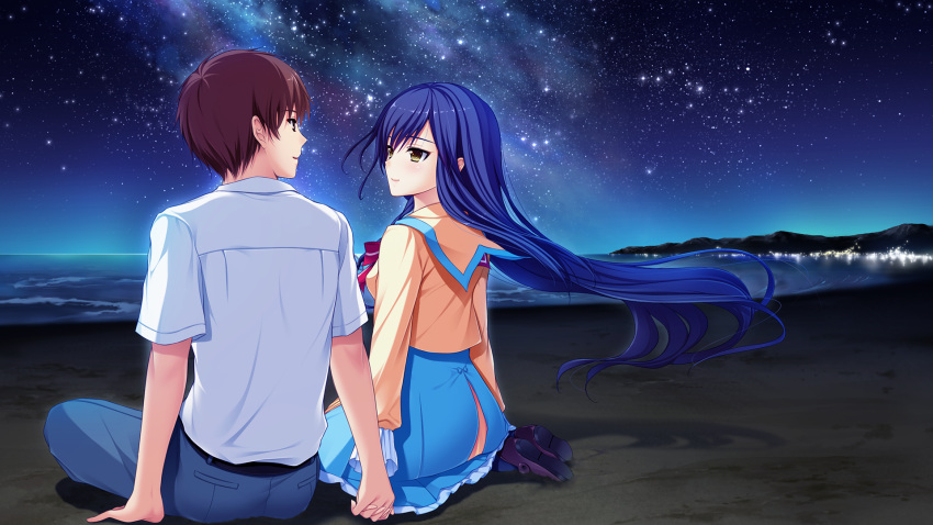 1boy, 1girl, beach, belt, black_belt, blue_hair, blue_legwear, blue_skirt