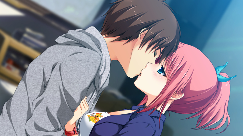 1boy, 1girl, blue_bow, blue_eyes, blue_jacket, blurry, blurry_background, blush