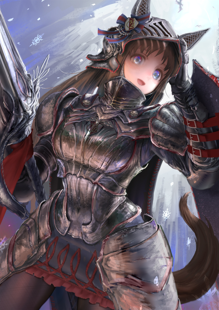 1girl, alternate_costume, animal_ears, armor, bangs, blue_eyes, breastplate, brown_hair, buckler, cape, cowboy_shot, gauntlets, grass_wonder_(umamusume), hand_on_head, helmet, highres, holding, holding_polearm, holding_weapon, horse_ears, horse_girl, horse_tail, jinchigou, knight, lance, long_hair, open_mouth, pantyhose, pauldrons, polearm, shield, shoulder_armor, solo, tail, umamusume, weapon