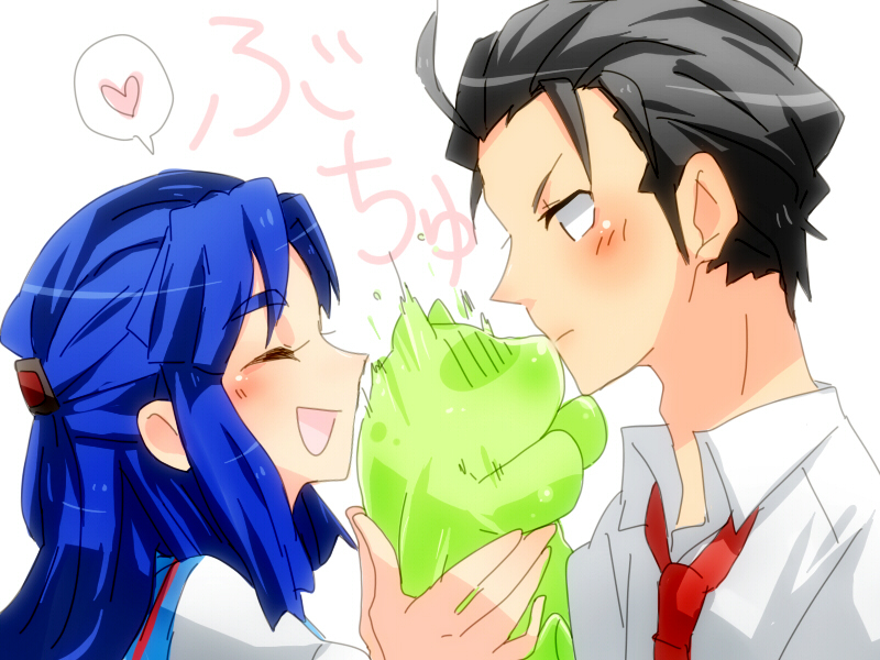 black_hair, blue_hair, coalow, dog, kimidori-san, kiss, long_hair, school_uniform