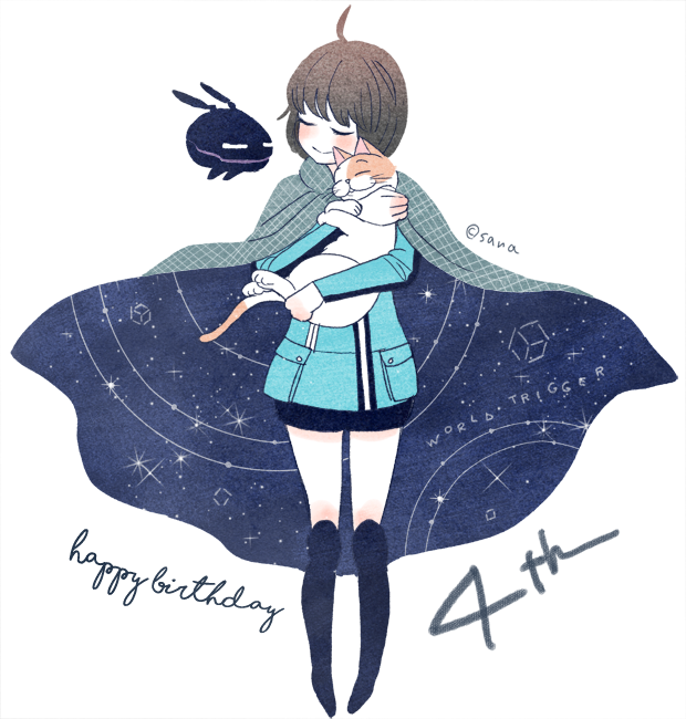 1girl, :3, amatori_chika, animal, ashihara_daisuke_(cat), bangs, black_footwear, black_hair, black_shorts, blush, bob_cut, boots, cape, cat, closed_eyes, dated, full_body, happy_birthday, holding, holding_animal, hug, knee_boots, kyte2012, long_sleeves, red_eyes, replica, short_hair, shorts, simple_background, smile, standing, starry_sky_print, torion_hei, uniform, white_background, world_trigger