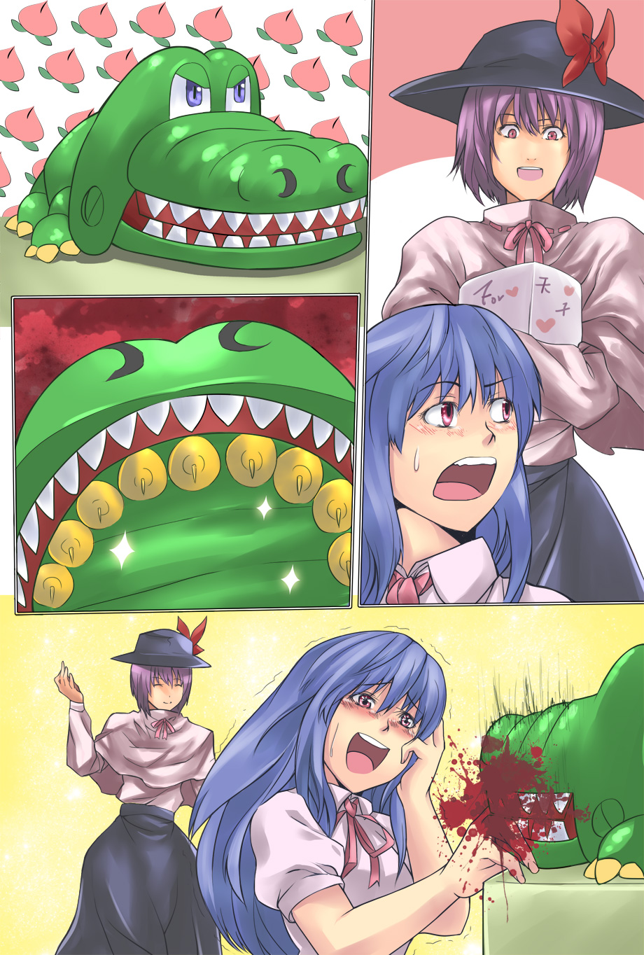blue_hair, comic, crocodile_dentist, hat, highres, hinanawi_tenshi, jiete, long_hair