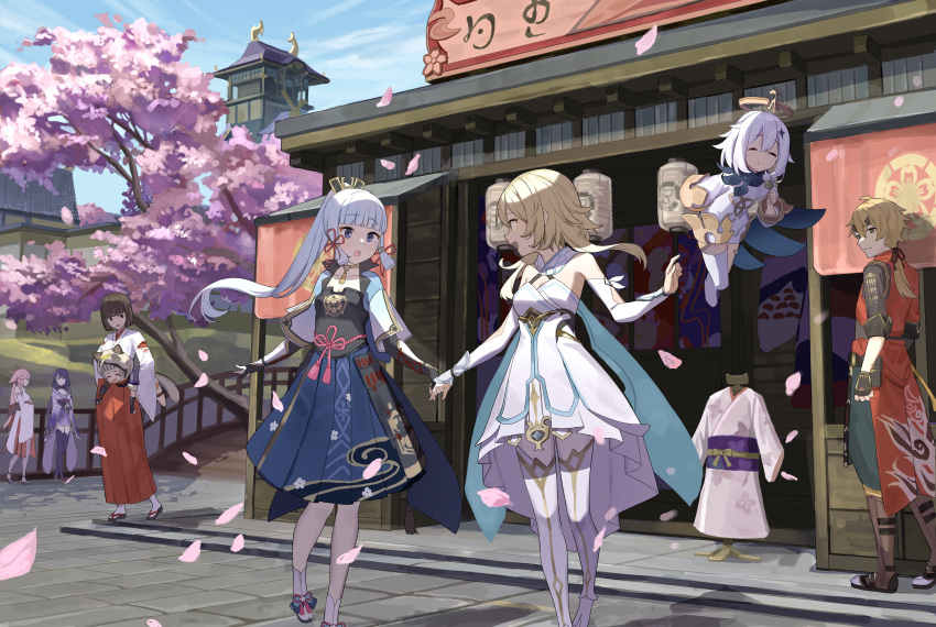 1boy, 6+girls, :o, ^_^, absurdres, animal_ears, armor, blue_sky