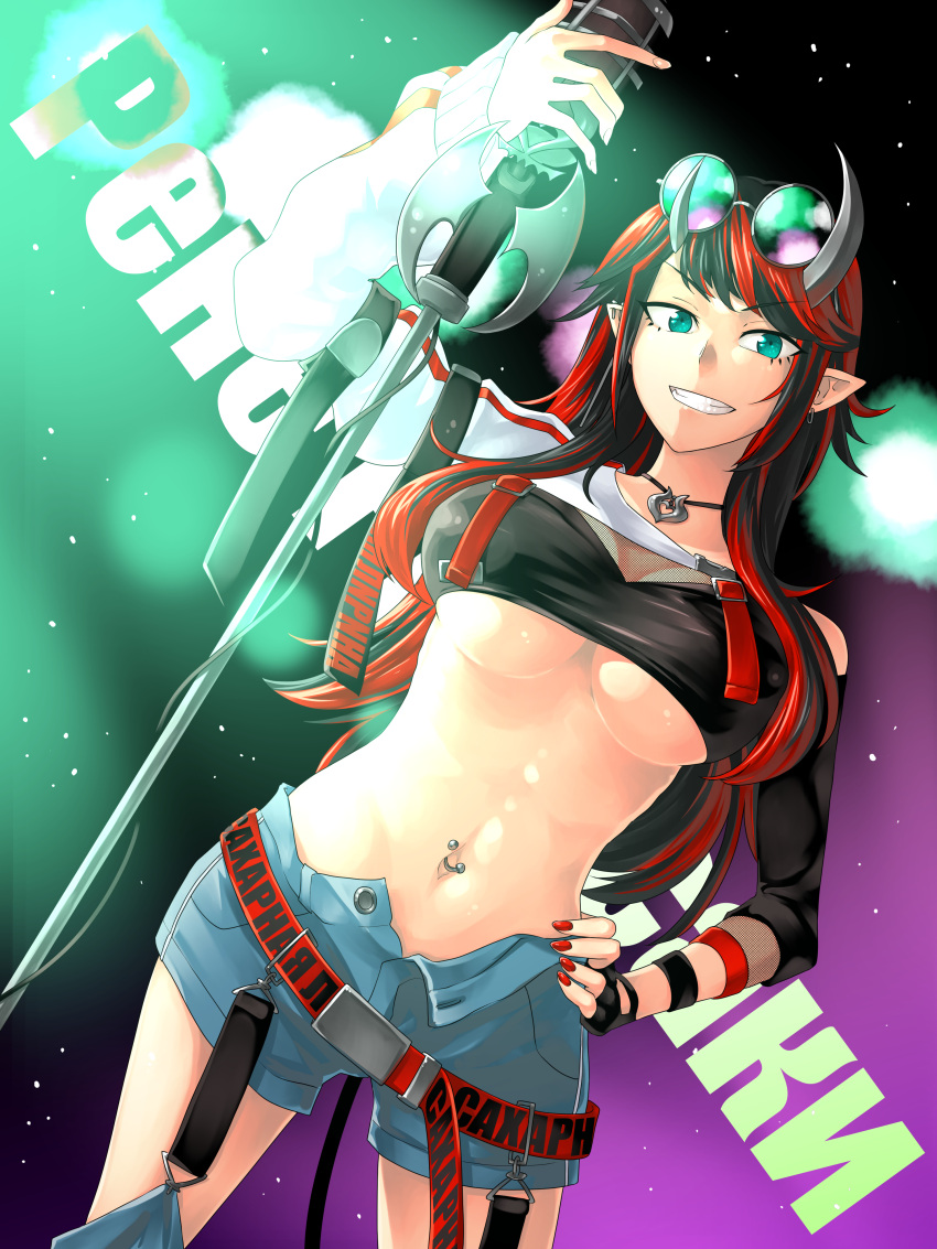 1girl, absurdres, arm_strap, bangs, belt, bikini, bikini_top, black_bikini, black_hair, blue_eyes, blue_pants, blue_shorts, breasts, commentary_request, compression_sleeve, cowboy_shot, demon_girl, demon_horns, demon_tail, detached_pants, ear_piercing, earrings, engacyo_(engacyo39800yen), eyebrows_visible_through_hair, fishnet_top, fishnets, grin, hand_on_hip, highres, holding, holding_microphone, horns, jacket, jewelry, large_breasts, long_hair, looking_at_viewer, loose_belt, microphone, midriff, multicolored_hair, nail_polish, navel, navel_piercing, necklace, official_alternate_costume, open_fly, pants, piercing, pointy_ears, red_belt, red_nails, redhead, round_eyewear, russian_text, ryugasaki_rene, short_shorts, shorts, shrug_(clothing), smile, solo, striped, striped_jacket, sugar_lyric, suspenders, swimsuit, tail, two-tone_hair, under_boob, virtual_youtuber, white_jacket