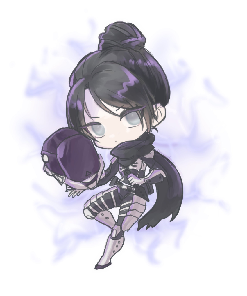 1girl, :o, animification, apex_legends, azuha, black_hair, black_scarf, chibi, electricity, eyebrows_visible_through_hair, grey_eyes, hair_behind_ear, hair_bun, headwear_removed, helmet, helmet_removed, highres, holding, holding_helmet, holding_knife, knife, kunai, power_armor, scarf, solo, voidwalker_wraith, weapon, white_background, wraith's_kunai, wraith_(apex_legends)