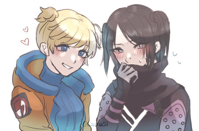 2girls, alternate_hairstyle, animification, apex_legends, azuha, black_bodysuit, black_hair, black_scarf, blue_bodysuit, bodysuit, covered_mouth, grey_eyes, hair_behind_ear, heart, hood, hooded_jacket, jacket, lightning_bolt_symbol, multiple_girls, nose_piercing, orange_jacket, parted_lips, piercing, ribbed_bodysuit, scarf, short_hair, short_twintails, sketch, smile, twintails, twitter_username, wattson_(apex_legends), wraith_(apex_legends)