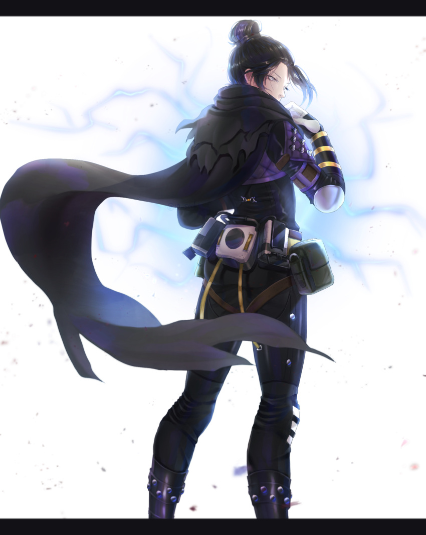 1girl, animification, apex_legends, azuha, bangs, black_bodysuit, black_scarf, bodysuit, electricity, floating_hair, floating_scarf, from_behind, gloves, grey_eyes, hair_behind_ear, highres, letterboxed, looking_down, scarf, solo, upper_body, wraith_(apex_legends)