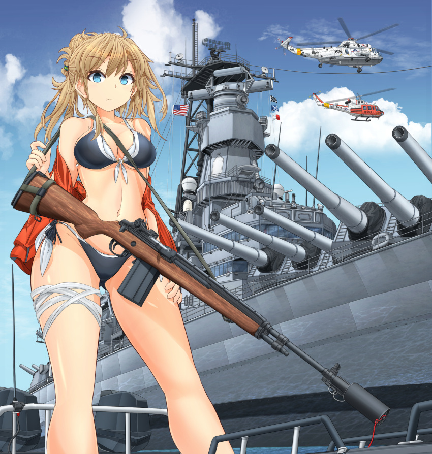 1girl, absurdres, aircraft, american_flag, bangs, battle_rifle, battleship, bikini, black_bikini, blonde_hair, blue_eyes, blue_sky, breasts, carrying, closed_mouth, clouds, cloudy_sky, day, eyebrows_visible_through_hair, folded_ponytail, front-tie_bikini, front-tie_top, gun, hand_on_own_thigh, helicopter, highres, jacket, light_frown, m14, medium_breasts, medium_hair, mikeran_(mikelan), military, military_vehicle, motion_blur, multi-strapped_bikini, navel, ocean, off_shoulder, open_clothes, open_jacket, original, outdoors, red_jacket, rifle, ship, side-tie_bikini, sky, sling, smoke, solo, suppressor, swimsuit, thigh_strap, united_states_navy, vehicle_request, warship, watercraft, weapon