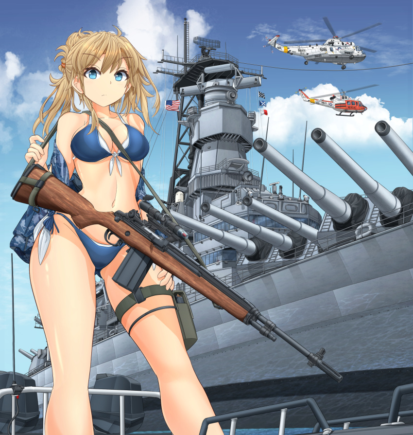 1girl, absurdres, aircraft, american_flag, bangs, battle_rifle, battleship, bikini, blonde_hair, blue_bikini, blue_eyes, blue_jacket, blue_sky, breasts, camouflage, camouflage_jacket, carrying, closed_mouth, clouds, cloudy_sky, day, eyebrows_visible_through_hair, folded_ponytail, front-tie_bikini, front-tie_top, gun, hand_on_own_thigh, helicopter, highres, jacket, light_frown, m14, medium_breasts, medium_hair, mikeran_(mikelan), military, military_vehicle, motion_blur, multi-strapped_bikini, navel, ocean, off_shoulder, open_clothes, open_jacket, original, outdoors, rifle, scope, ship, side-tie_bikini, sky, sling, smoke, solo, swimsuit, thigh_pouch, thigh_strap, united_states_navy, vehicle_request, warship, watercraft, weapon