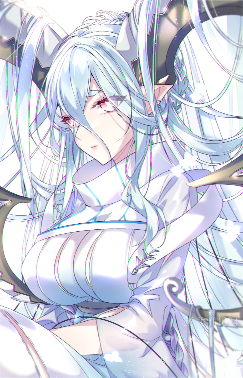+_+, 1girl, absurdres, blush, braid, breasts, curled_horns, dress, fate/grand_order, fate/grand_order_arcade, fate_(series), hair_between_eyes, highres, horns, large_breasts, larva_tiamat, long_hair, long_horns, long_sleeves, looking_at_viewer, pink_eyes, pointy_ears, ribbed_dress, shaenya_1024, sidelocks, silver_hair, solo, symbol-shaped_pupils, tiamat_(fate), very_long_hair, white_dress