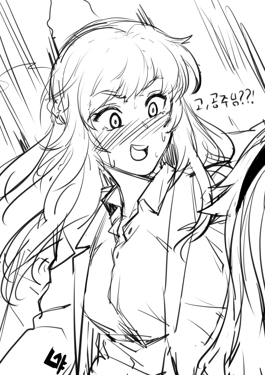 absurdres, bangs, blush, eyebrows_visible_through_hair, future_knight, greyscale, guardian_tales, highres