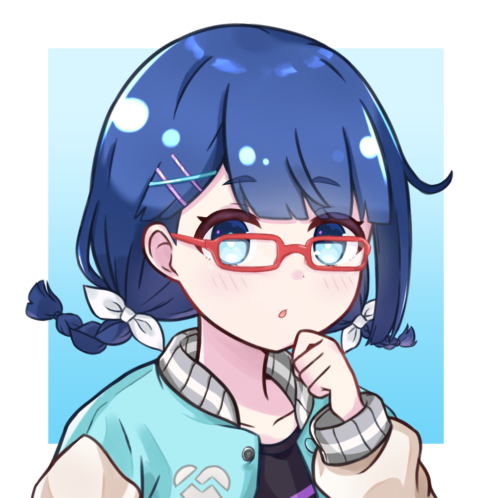 1girl, :o, bangs, black_shirt, blue_background, blue_eyes, blue_hair, blush