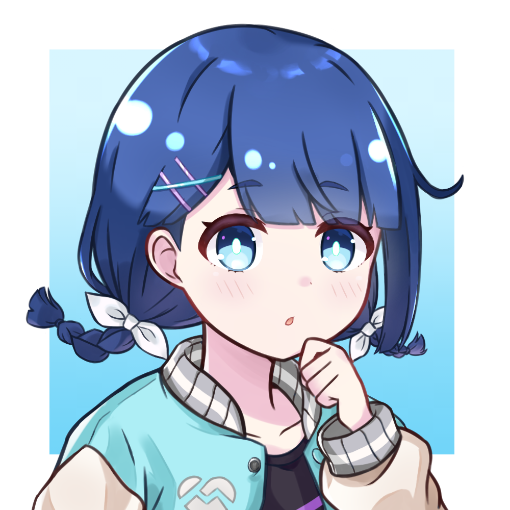 1girl, :o, bangs, black_shirt, blue_background, blue_eyes, blue_hair, blush