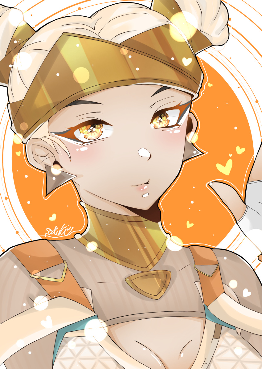 1girl, absurdres, apex_legends, artist_name, blonde_hair, blush, collarbone, dark-skinned_female