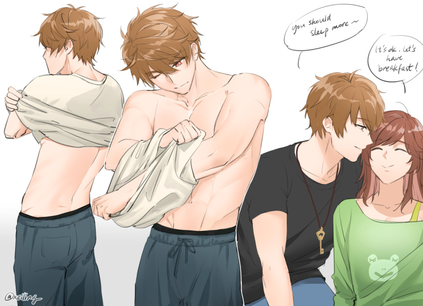 1boy, 1girl, back, bangs, black_shirt, blue_pants, brown_eyes, brown_hair