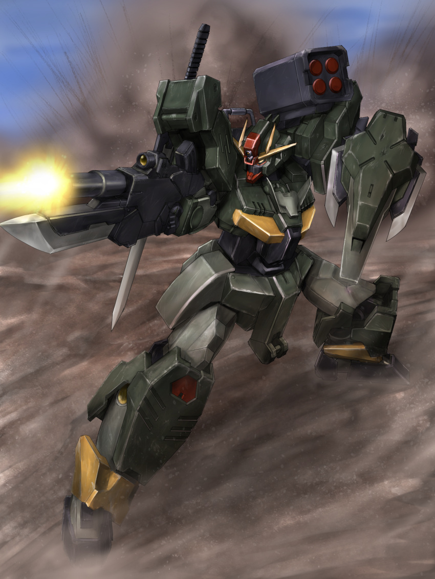 command_qan[t], dust, firing, glowing, glowing_eye, gun, gundam, gundam_breaker_battlogue