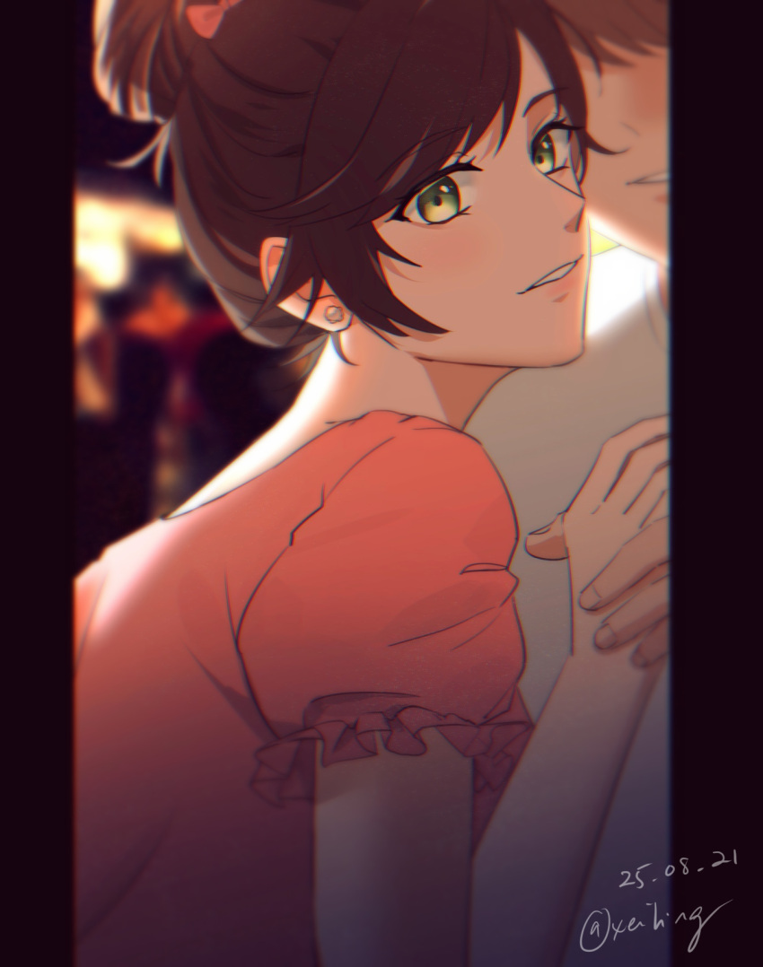 1boy, 1girl, bangs, blurry, blurry_background, brown_hair, earrings, frilled_shirt