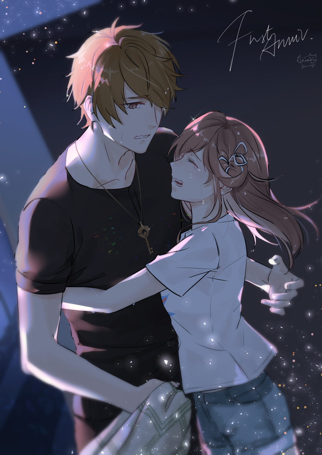1boy, 1girl, artist_name, bangs, black_shirt, blanket, blue_pants, brown_eyes