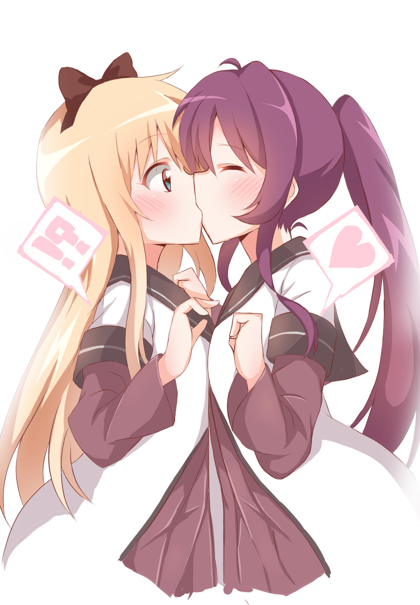 !?, 2girls, ahoge, blonde_hair, blue_eyes, blush, closed_eyes, eyebrows_visible_through_hair