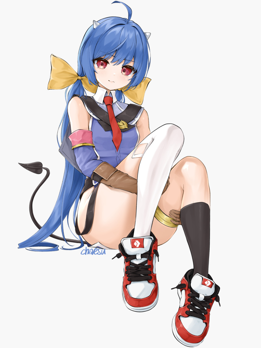 1girl, ahoge, artist_name, asymmetrical_legwear, bare_shoulders, black_legwear, blue_hair, blue_shirt, bow, breasts, brown_gloves, calf_socks, chaesu, collared_shirt, demon_tail, detached_sleeves, elbow_gloves, epic_seven, gloves, hair_bow, highres, horns, kneehighs, long_hair, looking_at_viewer, mismatched_legwear, necktie, ravi_(epic_seven), red_eyes, red_neckwear, shirt, shoes, simple_background, sitting, small_breasts, sneakers, solo, tail, thigh_grab, thigh_strap, thighs, twintails, very_long_hair, white_legwear, yellow_bow