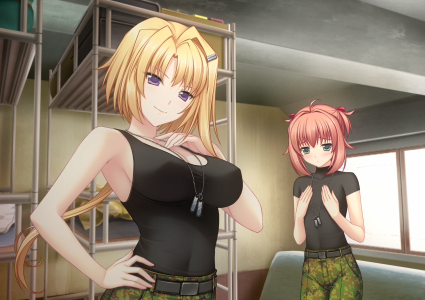 2girls, bed, black_shirt, black_tank_top, breast_envy, breasts, bunk_bed, camouflage