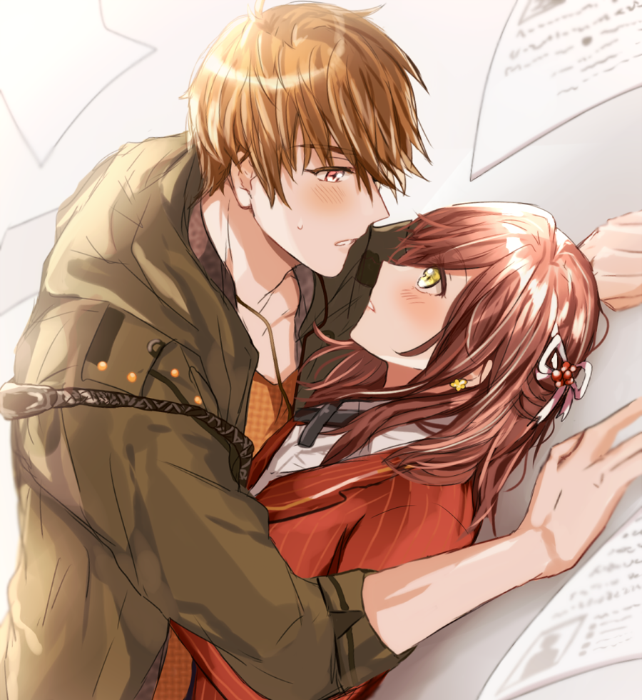 1boy, 1girl, bangs, brown_eyes, brown_hair, earrings, green_eyes, green_jacket