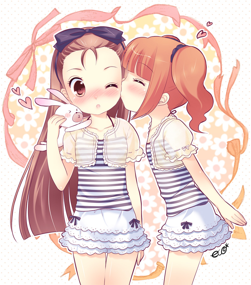 blush, brown_eyes, brown_hair, bunny, cheek_kiss, closed_eyes, coriinu, hair_ribbon, heart, idolmaster, kiss, long_hair, minase_iori, multiple_girls, orange_hair, rabbit, ribbon, takatsuki_yayoi, twintails, wink, yuri