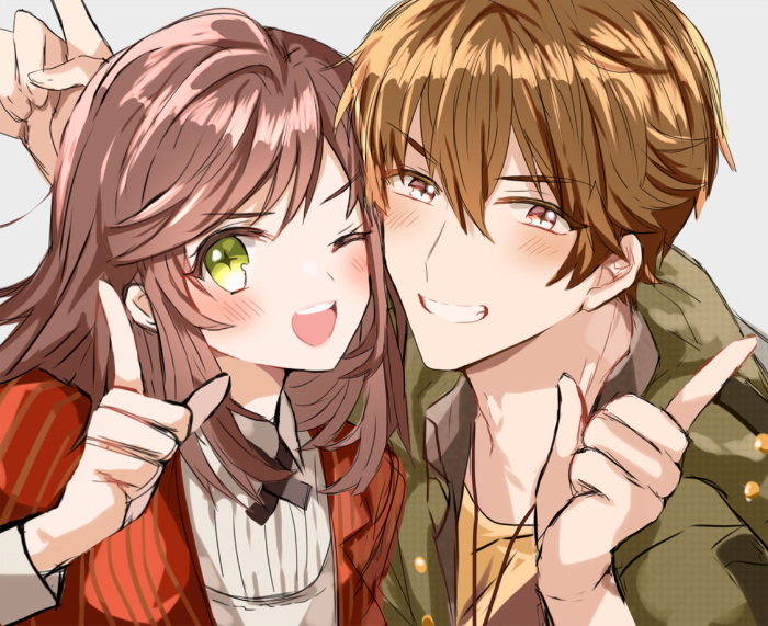 1boy, 1girl, :d, bangs, blush, brown_eyes, brown_hair, green_eyes