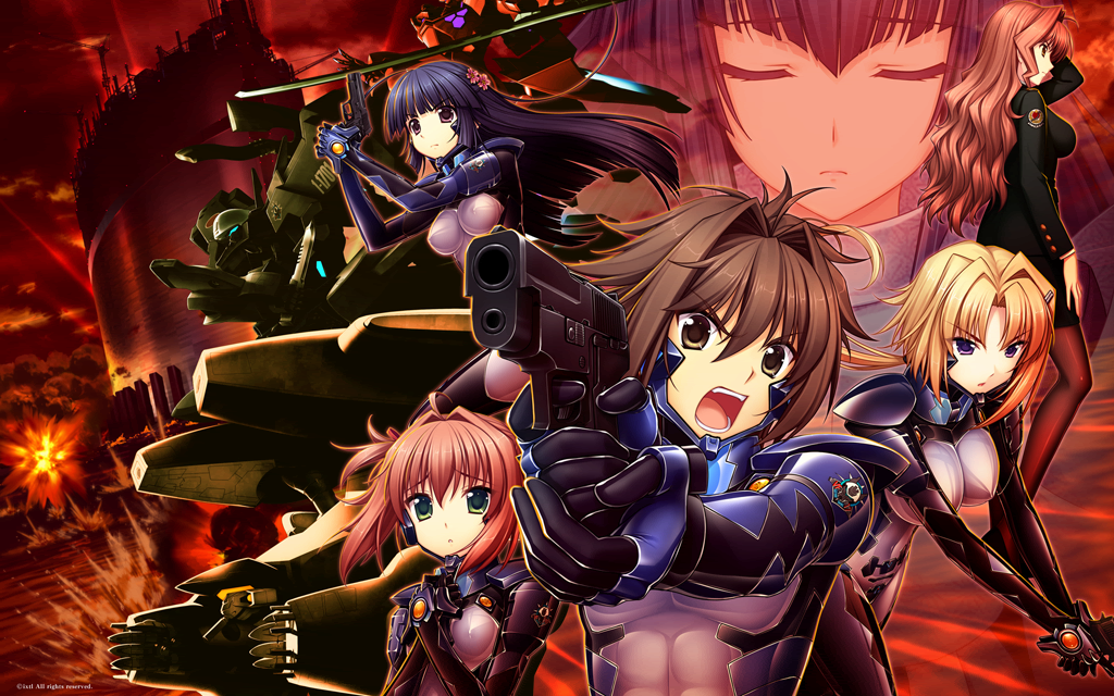 1boy, 5girls, abs, bangs, black_hair, blonde_hair, breasts, brown_eyes
