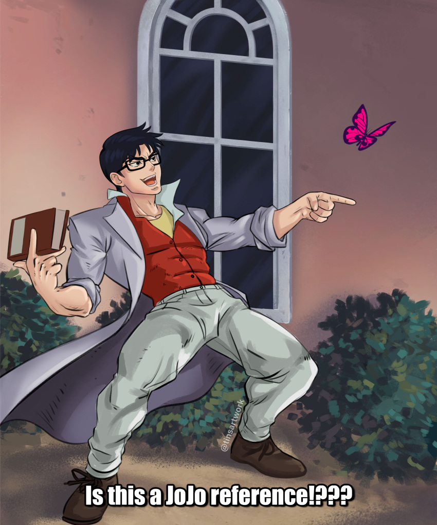 1boy, absurdres, arched_back, artist_name, between_fingers, black-framed_eyewear, black_hair, book, brown_footwear, bug, building, bush, butterfly, commentary, derivative_work, english_commentary, full_body, glasses, grey_pants, highres, holding, holding_book, impact_(font), is_this_a_pigeon_(meme), jojo_no_kimyou_na_bouken, jojo_pose, katori_yuutarou, labcoat, looking_to_the_side, martin_patino, meme, muscular, muscular_male, outdoors, pants, parody, pointing, popped_collar, pose, short_hair, sleeves_rolled_up, solo, standing, taiyou_no_yuusha_fighbird, twitter_username, watermark, window, wing_collar, yuusha_series