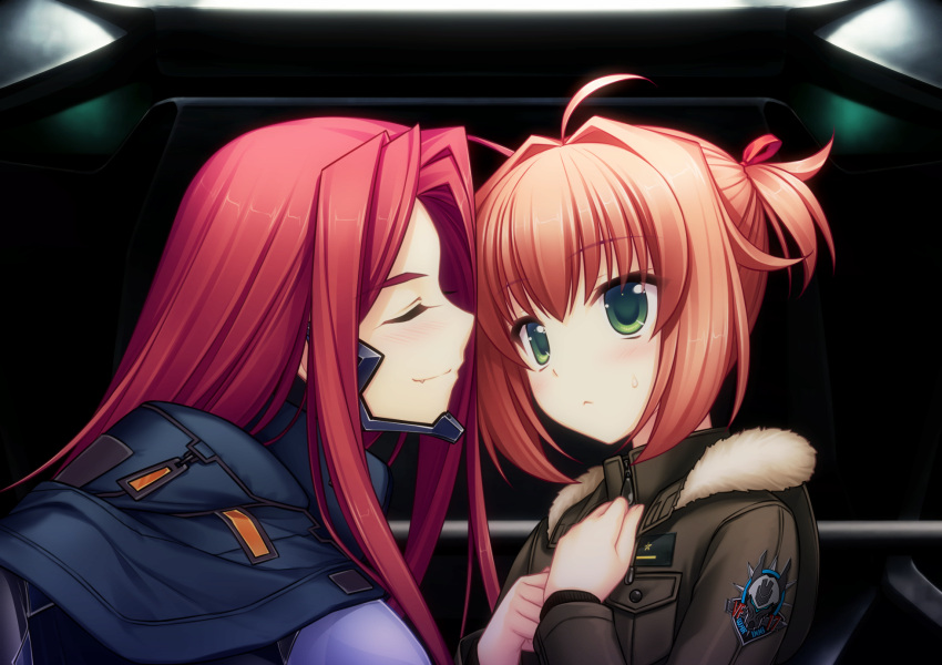 2girls, artist_request, bangs, blue_jacket, blush, brown_jacket, closed_eyes, eyebrows_visible_through_hair