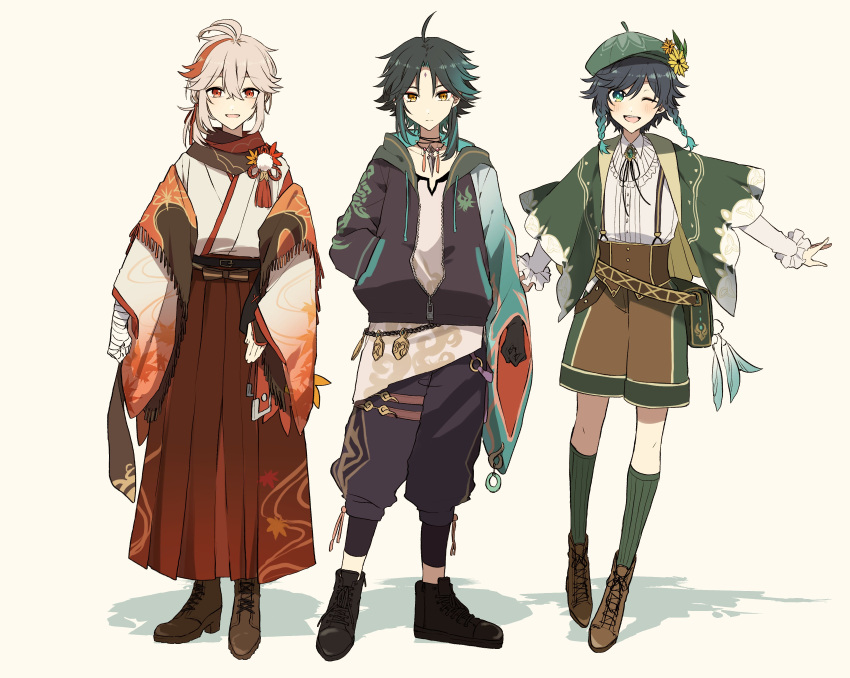 3boys, absurdres, ahoge, alternate_costume, antenna_hair, aqua_hair, bandaged_hand, bandages