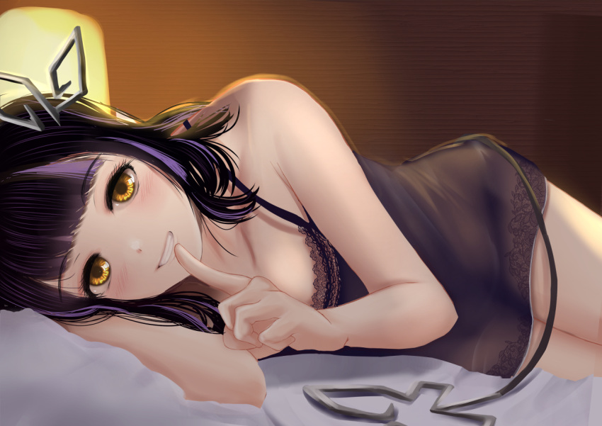 1girl, alternate_costume, alternate_hairstyle, bangs, black_hair, black_nightgown, blunt_bangs, blush