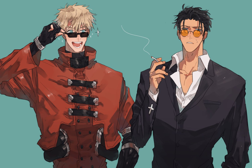 2boys, alternate_hairstyle, bbbb_fex, black_gloves, black_jacket, black_pants, blue_eyes, coat