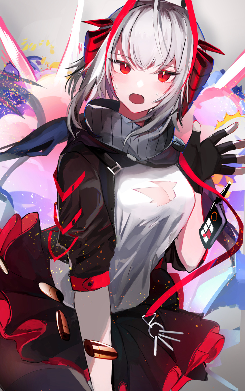 1girl, antenna_hair, arknights, black_gloves, black_scarf, breasts, explosion, fingerless_gloves