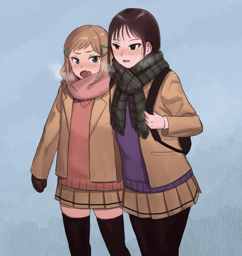 2girls, backpack, bag, bangs, black_bag, black_eyes, black_hair, black_legwear