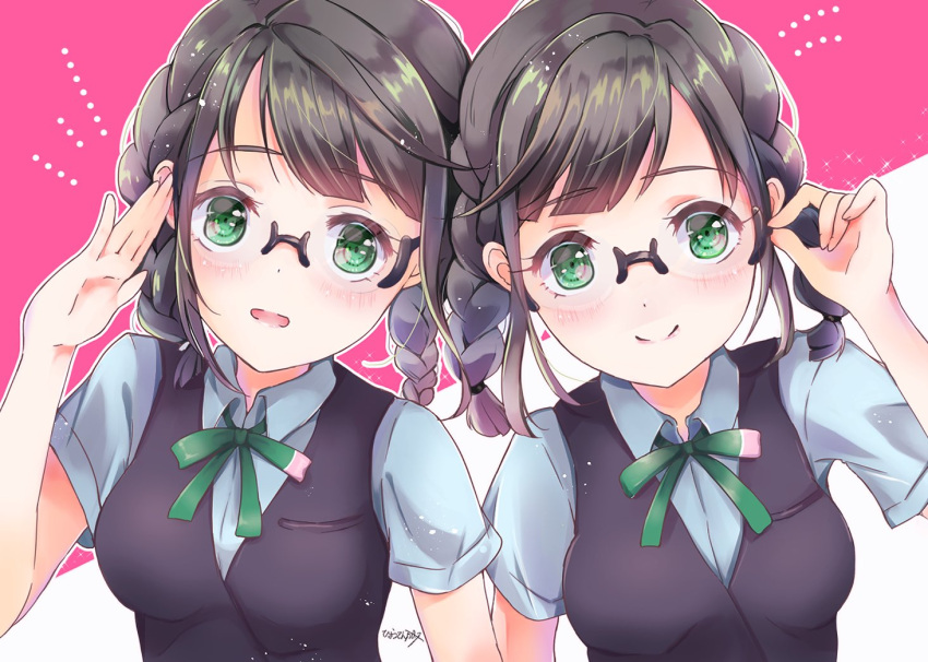 buttons, collared_shirt, couch, desuwa07th, dress_shirt, fingers_together, green_neckwear, grey_skirt, highres, love_live!, love_live!_nijigasaki_high_school_idol_club, love_live!_school_idol_festival, neck_ribbon, nijigasaki_academy_uniform, nijigasaki_student_council_secretary, plaid, plaid_skirt, pleated_skirt, ribbon, semi-rimless_eyewear, shirt, siblings, sisters, skirt, twins, white_shirt, winter_uniform