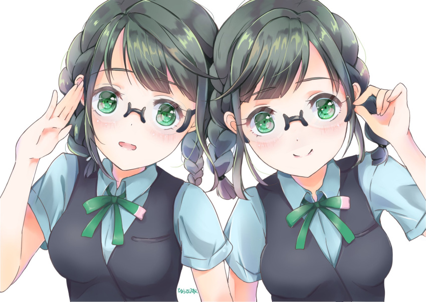 buttons, collared_shirt, couch, desuwa07th, dress_shirt, fingers_together, green_neckwear, grey_skirt, highres, love_live!, love_live!_nijigasaki_high_school_idol_club, love_live!_school_idol_festival, neck_ribbon, nijigasaki_academy_uniform, nijigasaki_student_council_secretary, plaid, plaid_skirt, pleated_skirt, ribbon, semi-rimless_eyewear, shirt, siblings, sisters, skirt, twins, white_shirt, winter_uniform