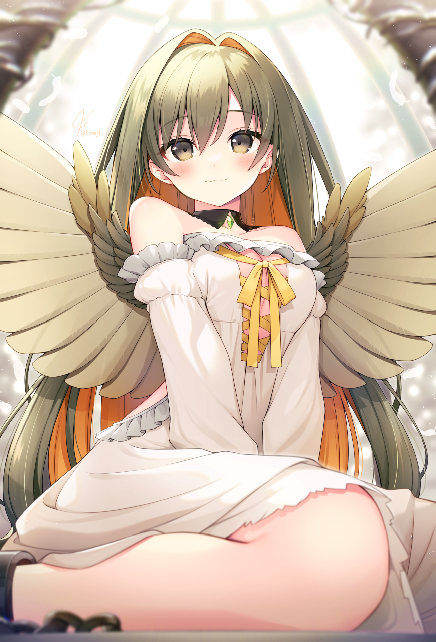 1girl, :3, angel, ankle_cuffs, blurry, blurry_foreground, blush, chain