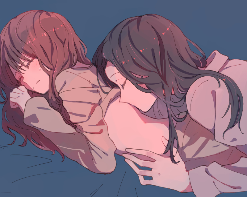 2girls, black_hair, blush, brown_hair, closed_eyes, closed_mouth, eyebrows_visible_through_hair, kiss