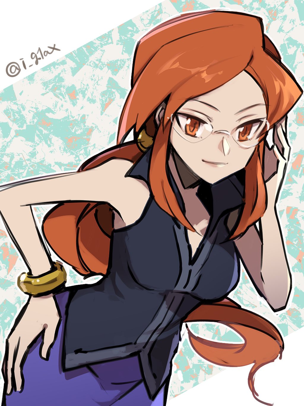 1girl, black_shirt, bracelet, breasts, commentary_request, glasses, hair_tie, hand_on_hip, hand_up, highres, i_g1ax, jewelry, long_hair, lorelei_(pokemon), orange_eyes, orange_hair, pokemon, pokemon_(game), pokemon_frlg, purple_skirt, shirt, skirt, sleeveless, sleeveless_shirt, smile, solo, tied_hair, twitter_username