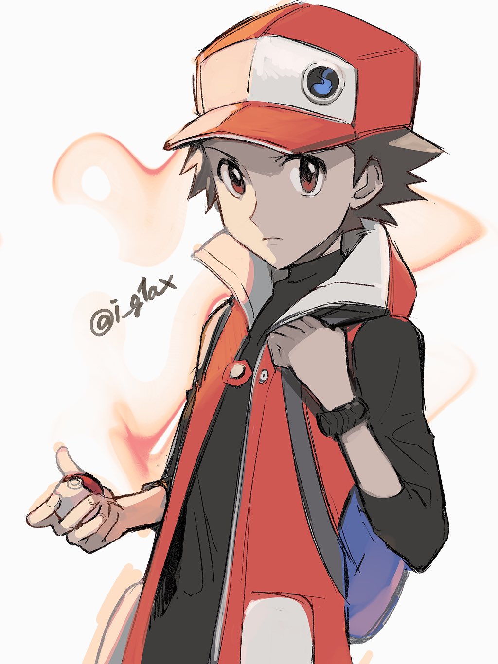 1boy, backpack, badge, bag, black_shirt, blue_bag, bracelet, brown_eyes