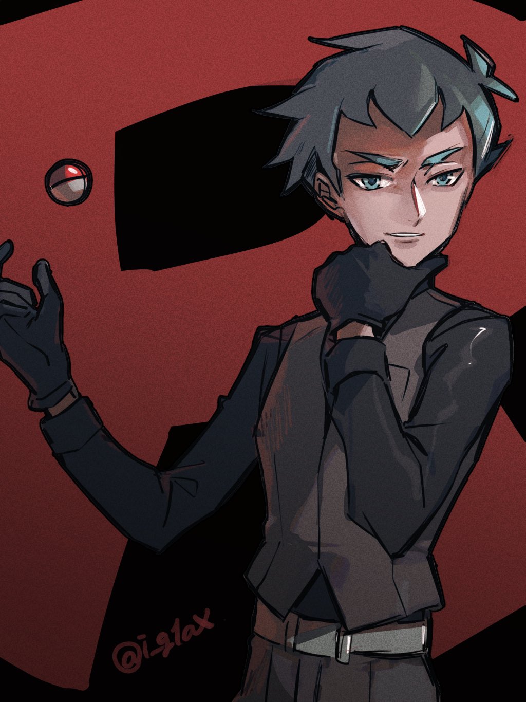 1boy, archer_(pokemon), bangs, belt, black_gloves, black_shirt, commentary_request, gloves