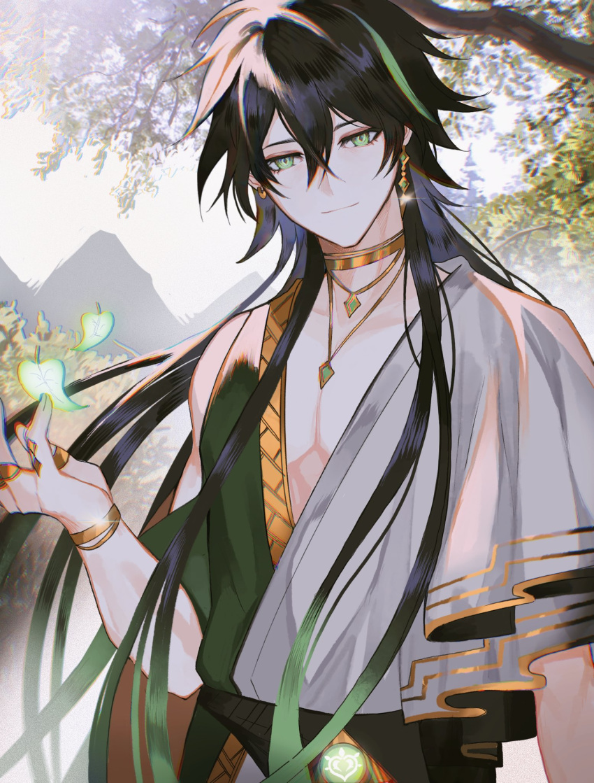 0nashiro, 1boy, bangs, black_hair, branch, chinese_clothes, closed_mouth, company_connection, crossover, earrings, genshin_impact, gold_choker, green_eyes, highres, honkai_(series), honkai_impact_3rd, jewelry, leaf, long_hair, looking_at_viewer, mihoyo_technology_(shanghai)_co._ltd., mountainous_horizon, multicolored_hair, necklace, ring, short_sleeves, smile, streaked_hair, su_(honkai_impact), tree, white_sky